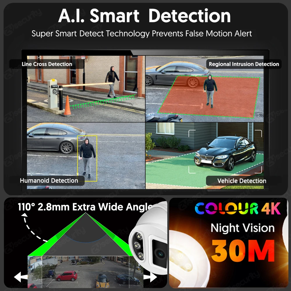 Imagem -03 - Grande Angular de 108° Câmera ip Poe ar Livre Cúpula Fixa Câmera de Segurança Visão Noturna Colorida Áudio Bidirecional Slot para Cartão sd Detecção de Pessoas Veículos Vigilância Domiciliar Câmeras Cftv 4k mp
