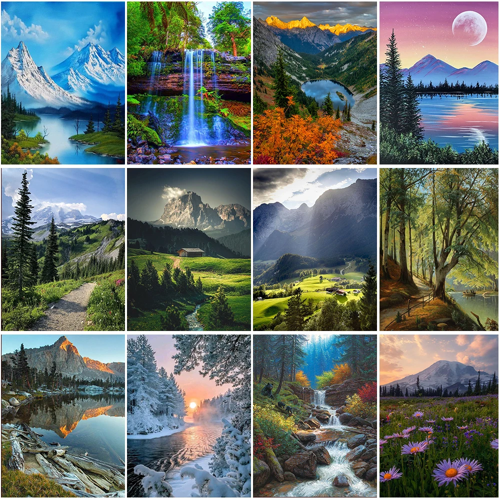 Natural Scenery Mosaic Painting Diamond Art Cross Stitch Kit Lakes Mountains Trees Flowers DIY Rhinestone Embroidery Decoration