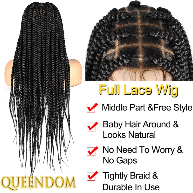 Wig dewi kepang sintetis 36 inci kotak Jumbo renda penuh Wig tertekan untuk WANITA HITAM tanpa simpul Wig kepang Cornrow