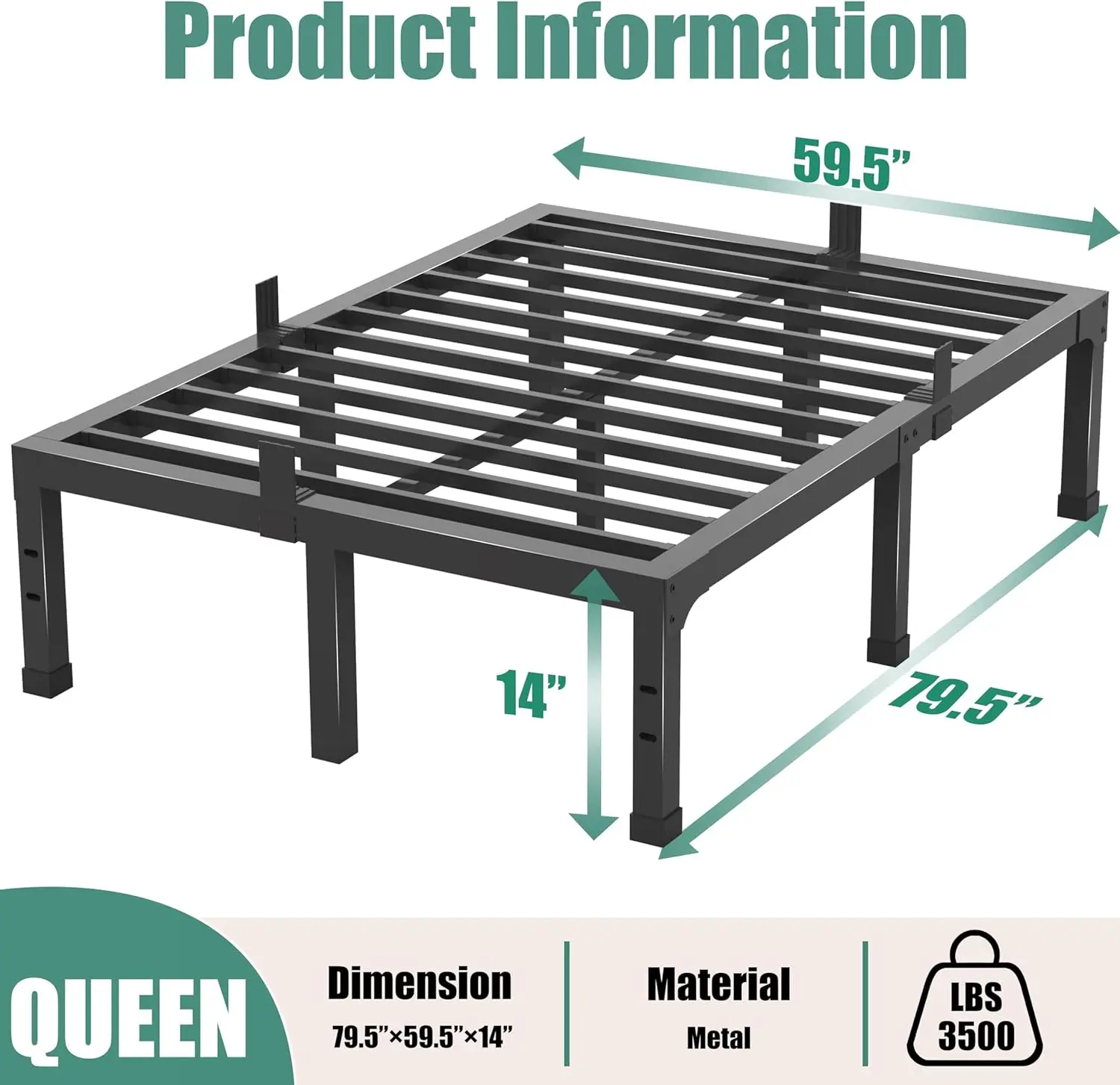 

14 H Queen Size Bed Frame,3500 Lbs Heavy Duty Metal Platform, Mattress Foundation With Steel Slat Support/No Box Spring
