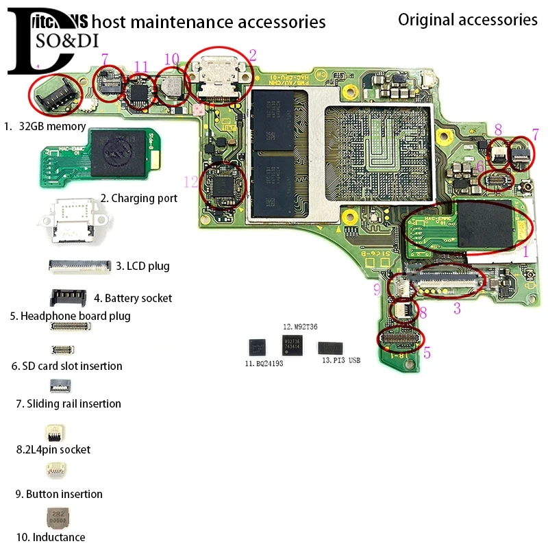 1Pcs Motherboard Chip Type-C Charging Port 2R2 Coil Slide Card Slot Battery ZL Socket LCD Screem FPC Connector For Switch