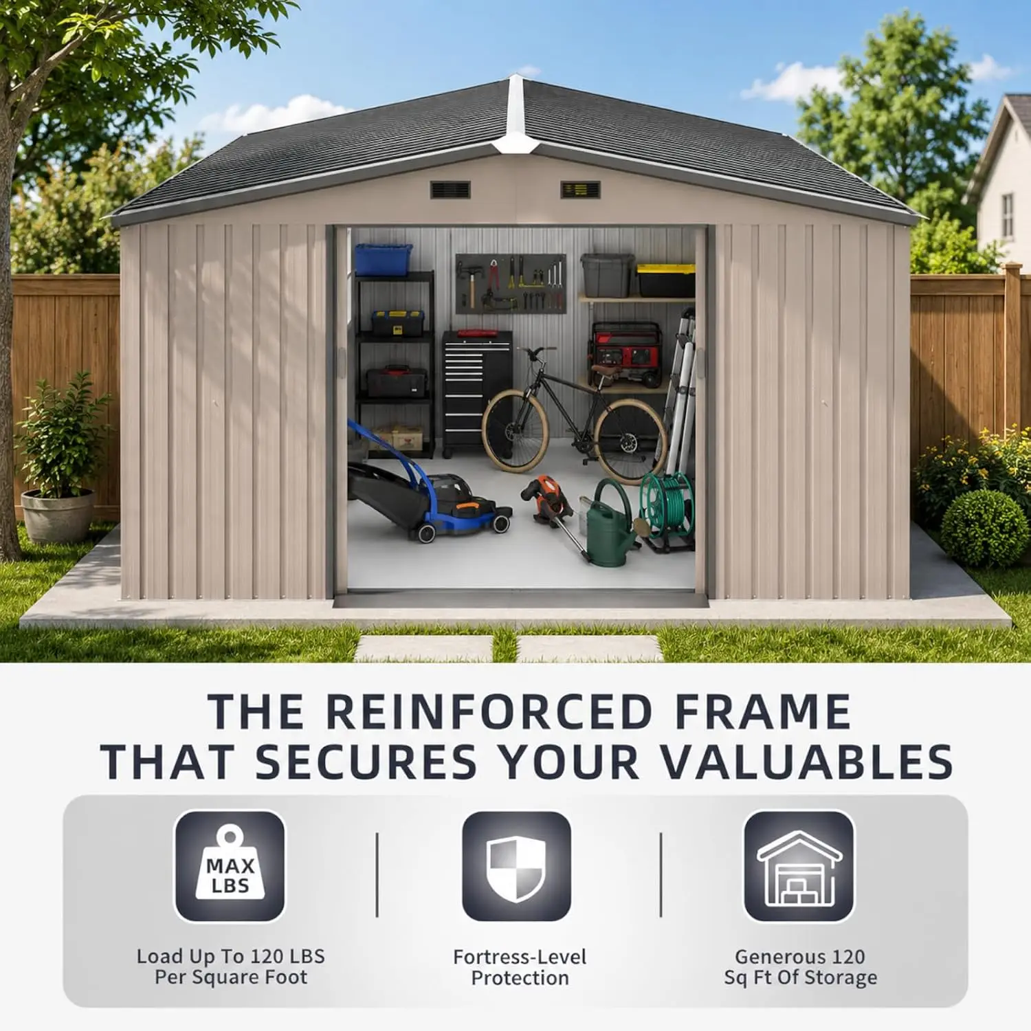 Metal Storage Shed 10x12FT Outdoor Backyard Patio Garden Tool House, Customized - view 3