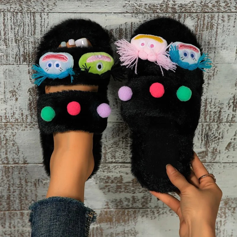 Fashion Ladies Shoes 2024 Winter New Funny Cartoon Women's Slippers Plush Warm Indoor Slippers Casual Comfortable Flat Slippers