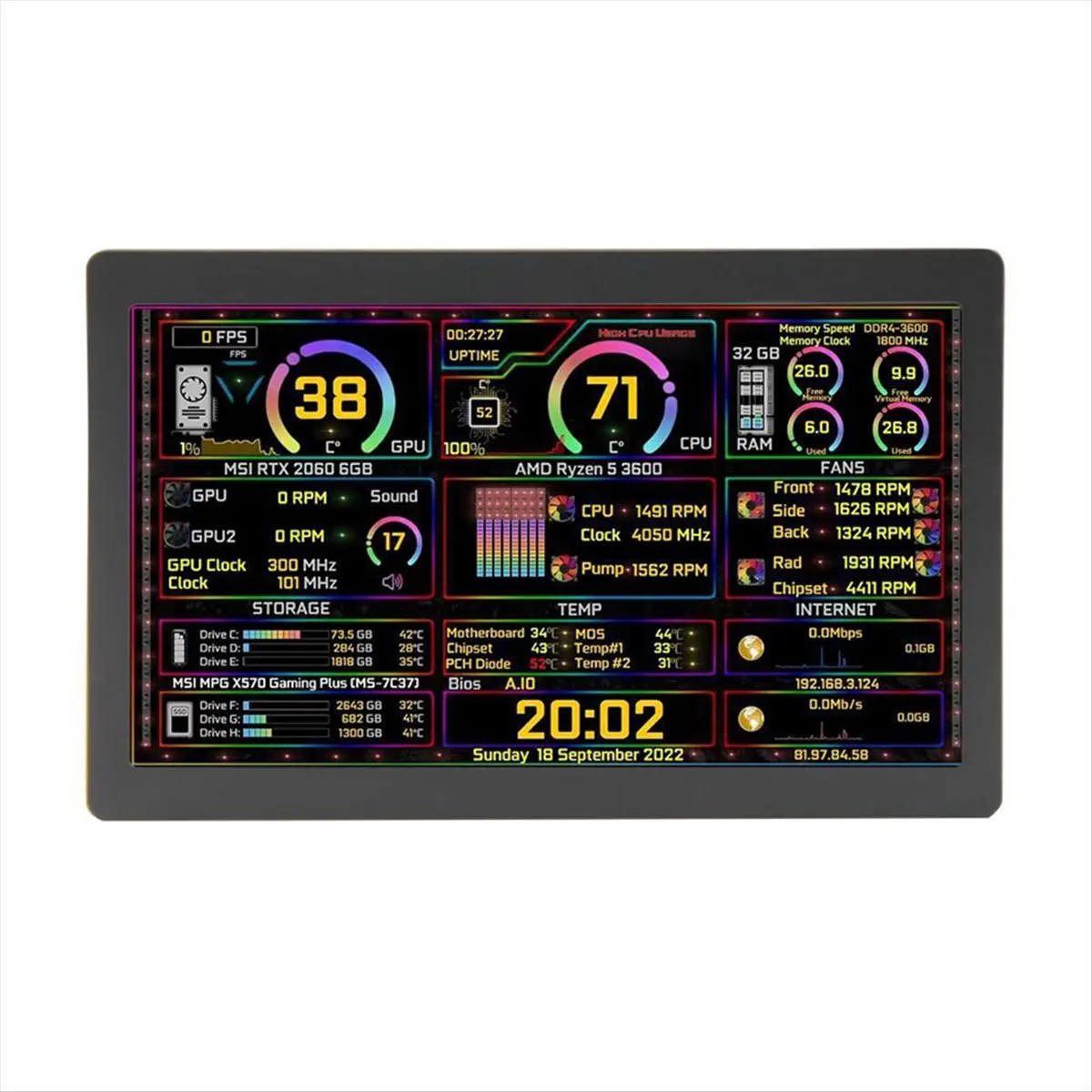 A99X 7 Inch IPS Type-C Secondary Screen Dynamic 1024x600 LCD Display CPU GPU RAM Monitoring Support Vertical Freely