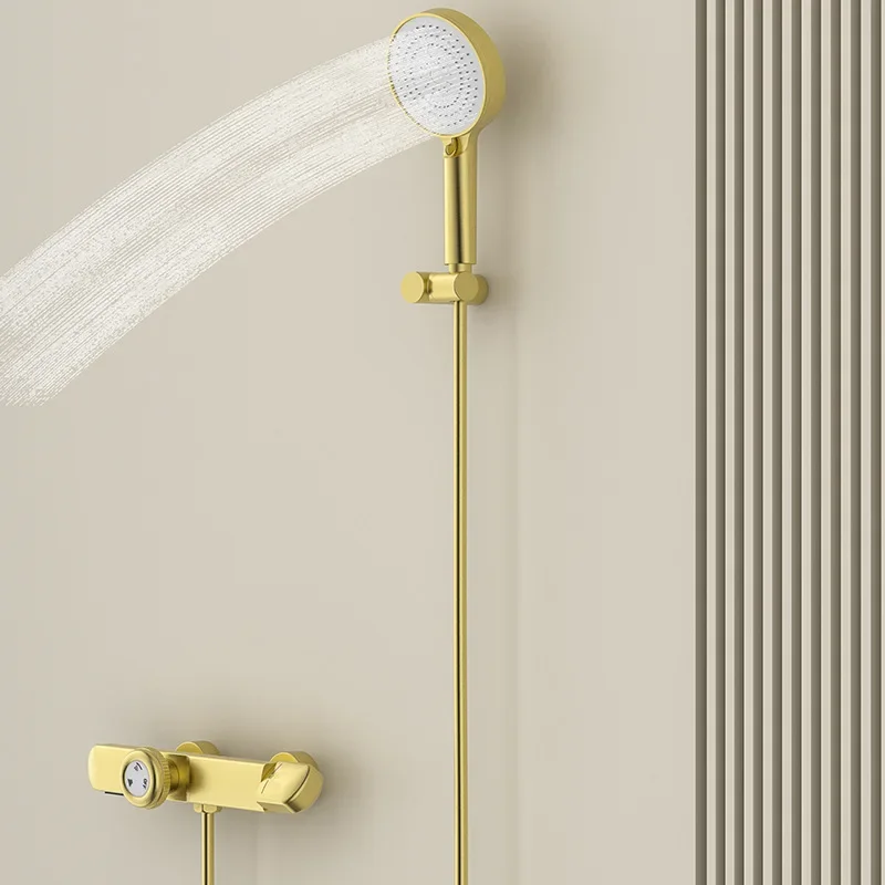 Brushed Gold Bathtub Set Hot  Cold White Gray Bathroom Waterfall Bath & Shower Faucet Brass