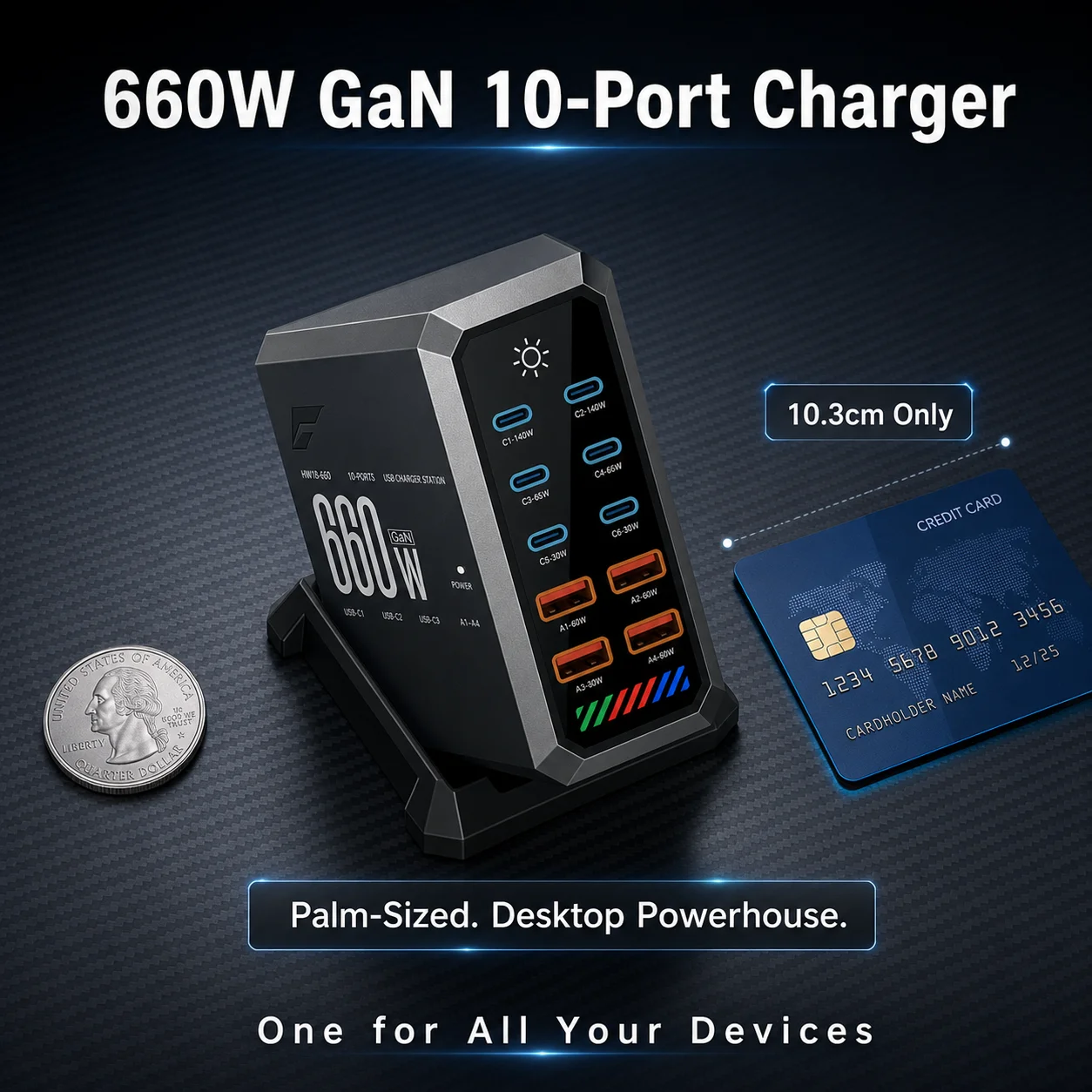 660W GaN 10-Port Multi USB-C Charging Station Dual 140W PD Fast Charger 6C+4A Ports For Laptop MacBook iPhone Samsung