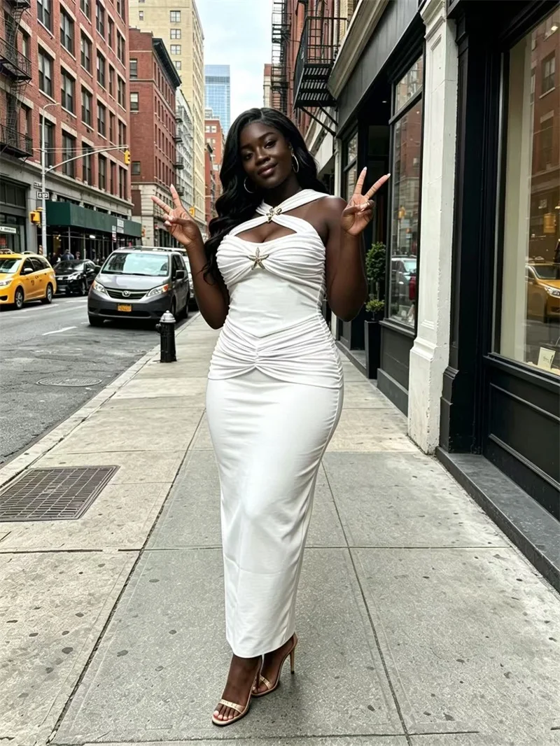 

Sexy White Sheath Prom Dress Halter Sleeveless Star Long Party Gown Cotton Hollow Formal Bridal Wedding Birthday Robe