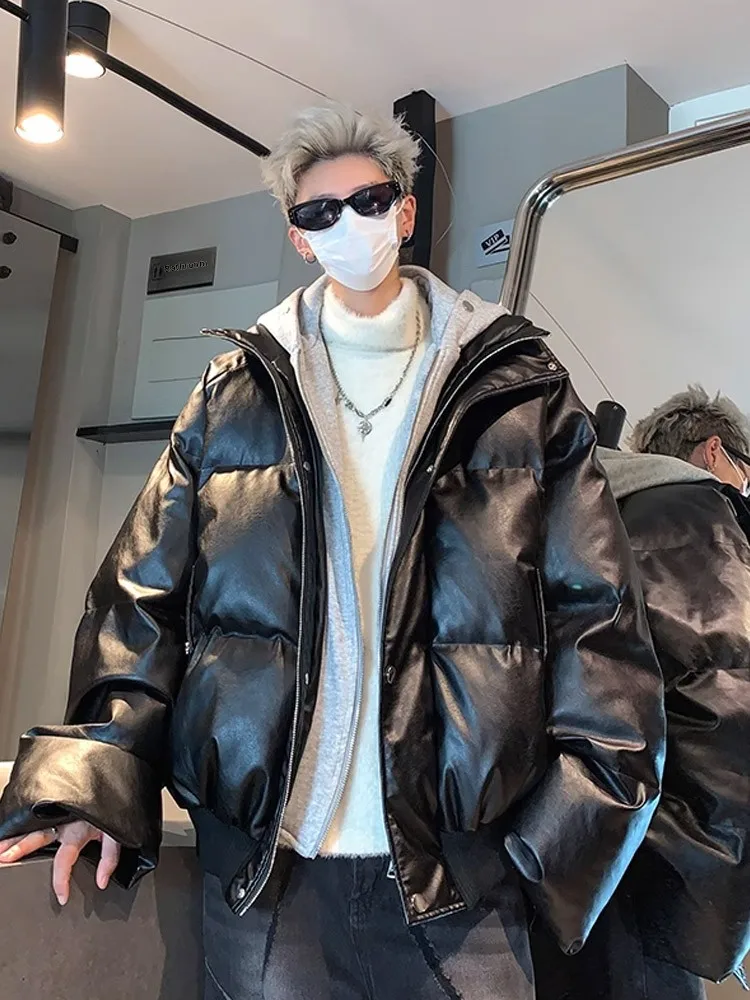 Jaket Pria Musim Dingin Berbahan Kulit PU dan Katun, Model Hoodie Longgar, Mantel Hangat Gaya Remaja, Pakaian Luar Kasual untuk Jalan-Jalan