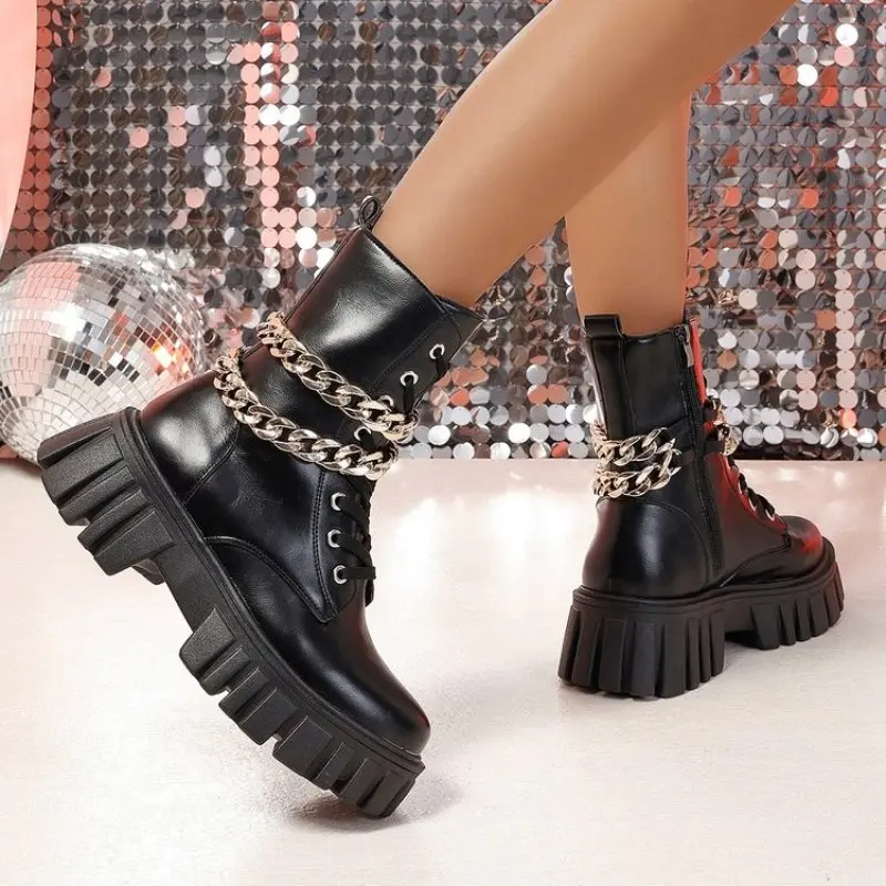 NEW Women Square Heel Platform Booties Shoes Mid Tube Leisure Style Women Boots Side Zipper Booties Autumn Winter Plus Size 42