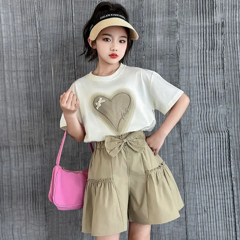 Girls Summer New Cute Heart Print T-shirts+Bow Knot Pants 5-14Years Teenage Kids Korean Style Outfits Children Boutique Clothes