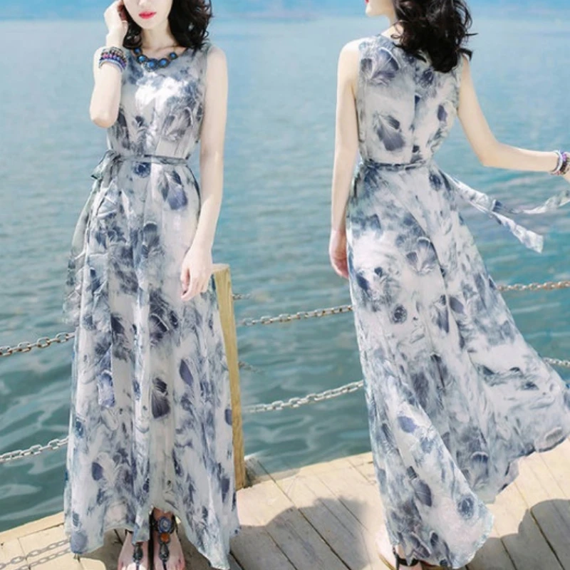 2024 Summer Fashion Elegant Sleepless Dress High Waist Round Neck Printed Lace Fold Women's A-line Ankle Skirts Long Dress