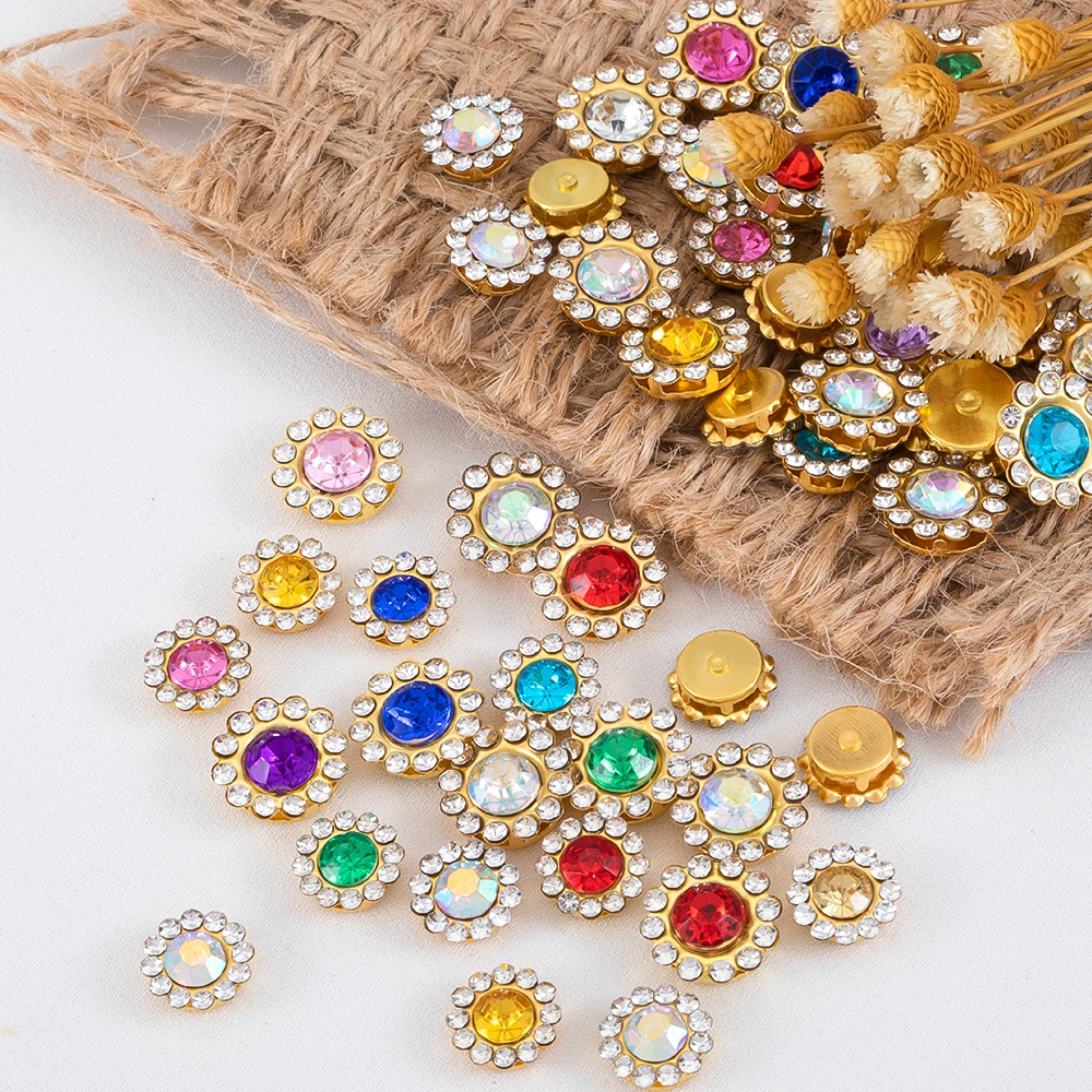 50 Stück 9,4mm 11,8mm Sonnenblumen-Nähklauen-Strassperlen Knöpfe zum Aufnähen für DIY-Kleidung Nähzubehör Dekorationen