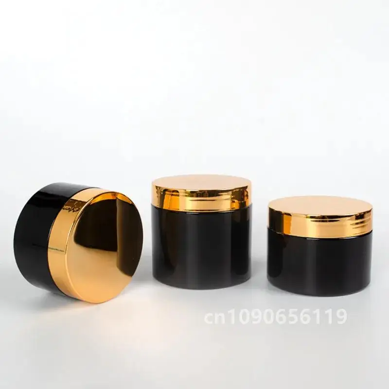 24PCS/LOT 50G-250G Refillable Bottles Travel Face Cream Lotion Cosmetic Container Black with Gold Lid Empty Makeup Jar Pot