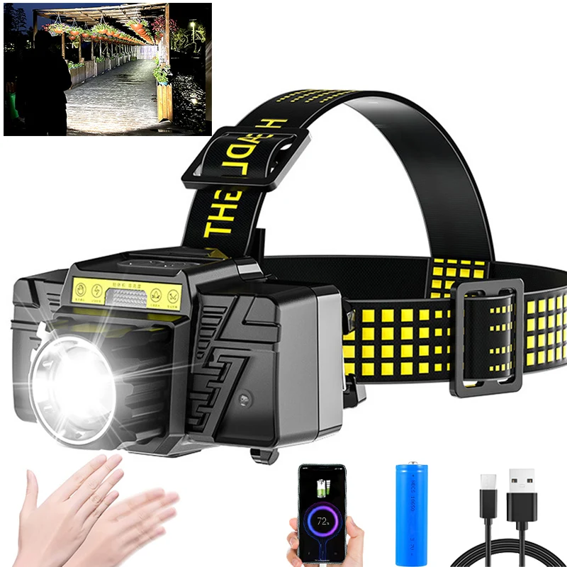 

Super Bright LED Headlamp Zoomable Type C Rechargeable 18650 Wave Sensor 5 Mode Floodlight Head Light for Fishing Camping Hiking