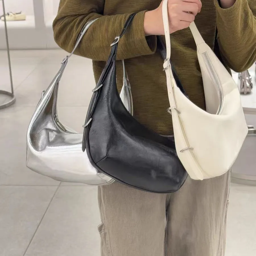 

Large Capacity Casual Glossy Single Shoulder Underarm Fashionable Solid Color Commuting Denim 2025 Trendy Hand-held Crescent Bag