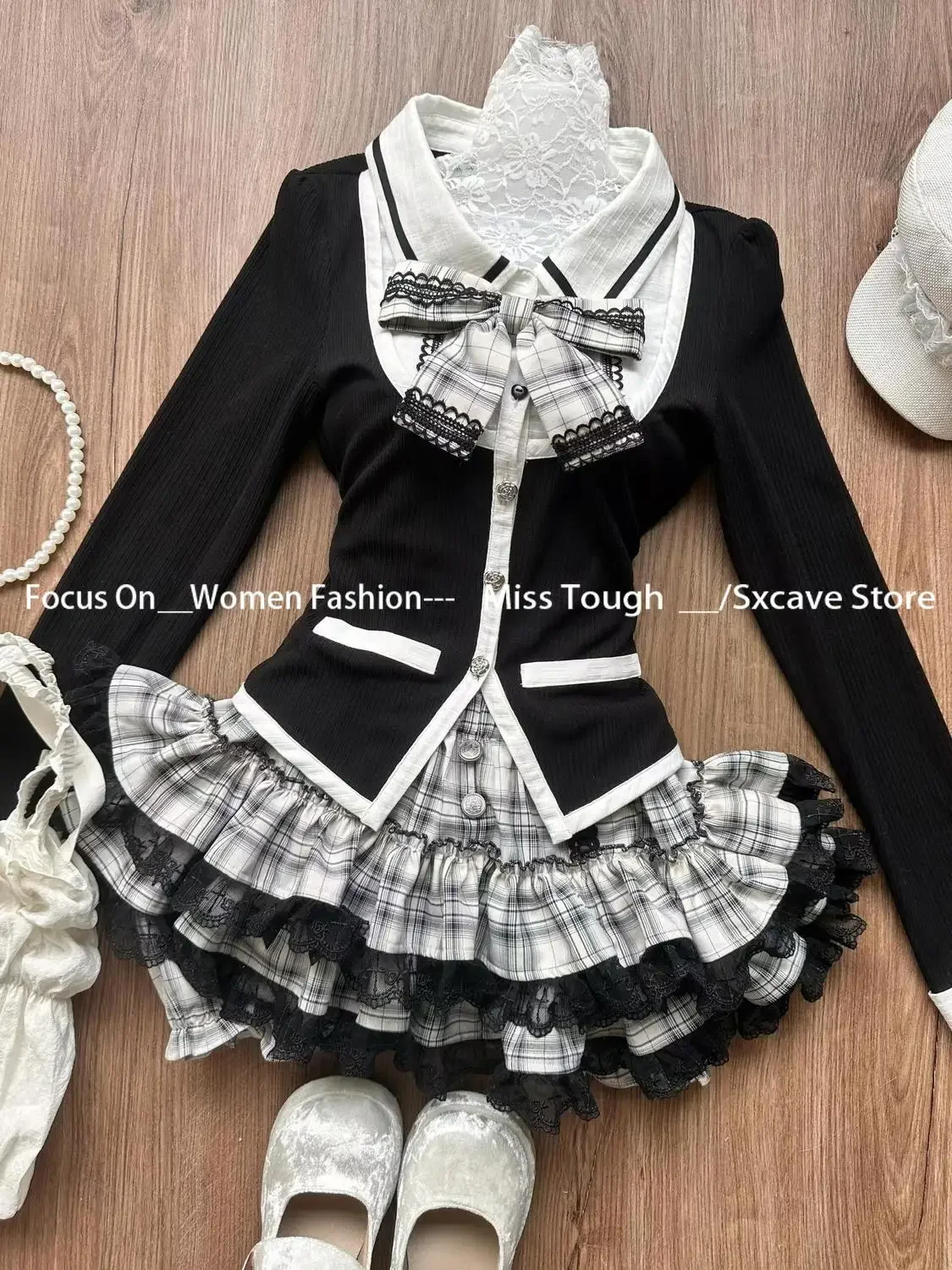 Gothic Y2k Women 2 Piece Sets Sweet Bow Long Sleeves Cardigan Coat Ruffles Plaid Mini Skirt Female Korean Fashion Lolita Outfits