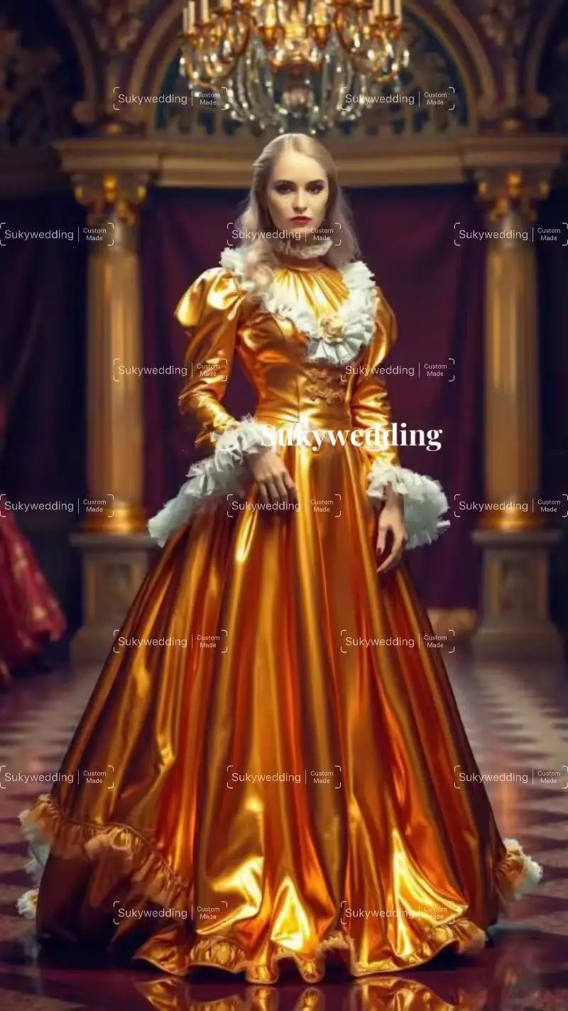 

Shiny Gold Victorian Medieval Evening Dresses Long Sleeve Ren Faire Costume Prom Gowns Evening Formal Party Wear Customized