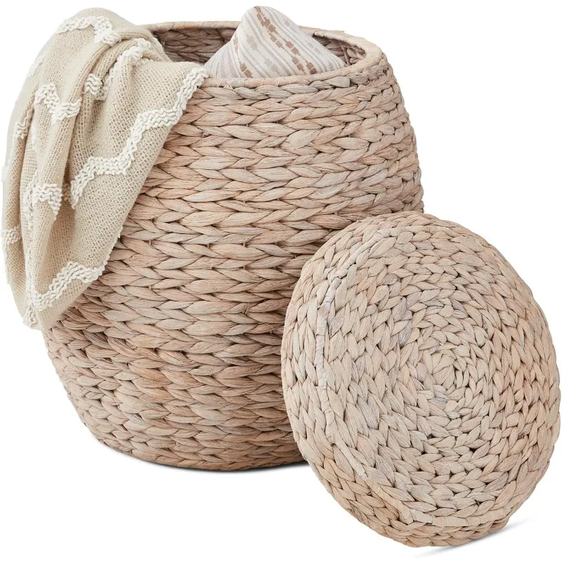 

Vintage Multipurpose Hyacinth Storage Basket, Handwoven Organizer Tote for Bedroom, Bathroom, w/Lid - Transparent White