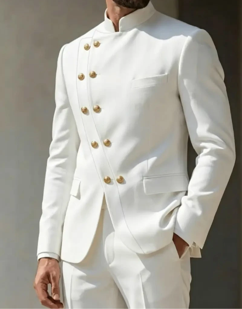 

Slim Fit White Mandarin Collar Men Suit Gold Buttons Formal Wedding Party Blazer Pants 2 Piece Set