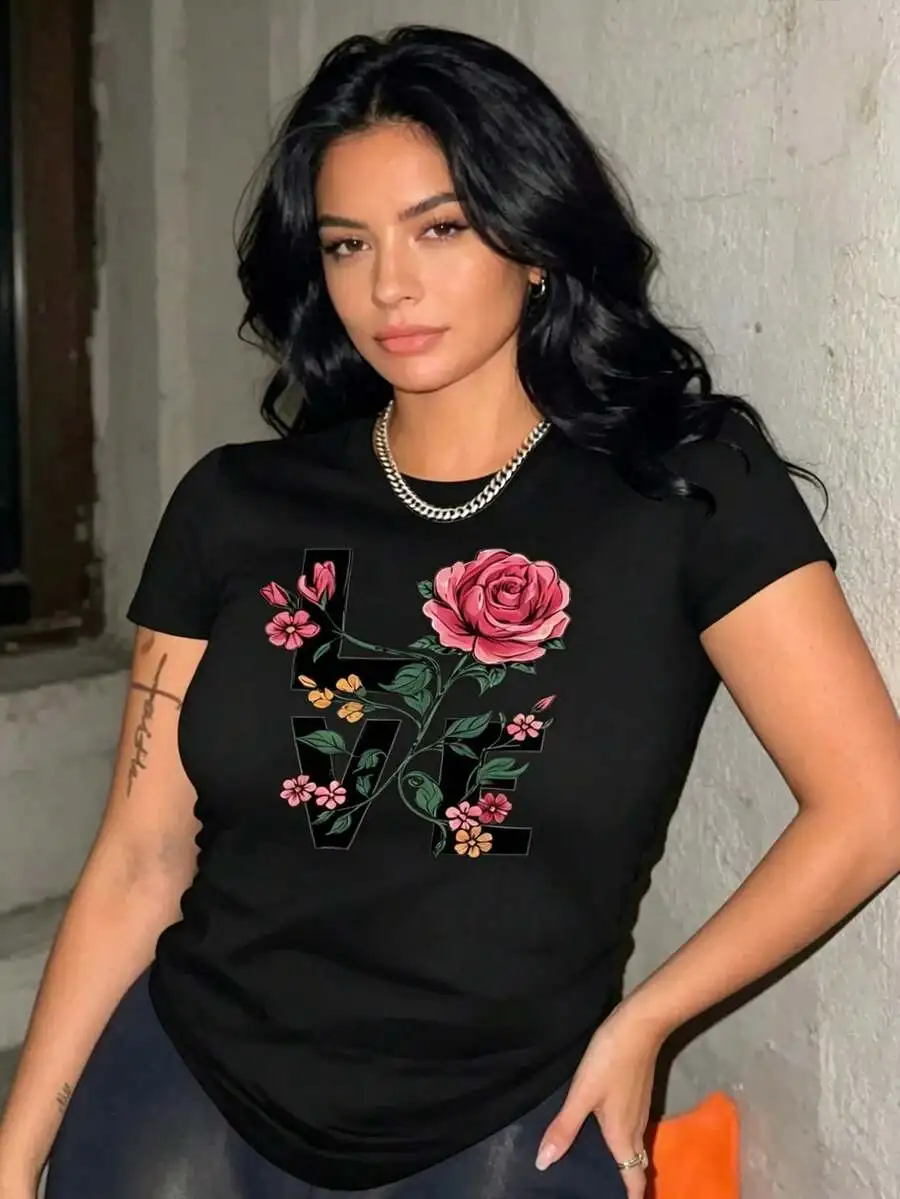 Fashion Ladies Spring & Summer New 1pc Women's Winter LOVE Rose Floral T-Shirt Casual And Fashionable Crew Neck Elegant Party At