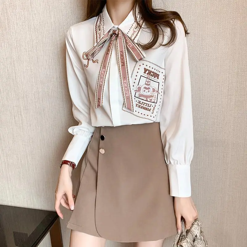 Autumn New Korean Fashion Printing Turn-down Collar Blouse Female All-match Bow Long Sleeve Shirts Women Clothes Sweet Top Tee