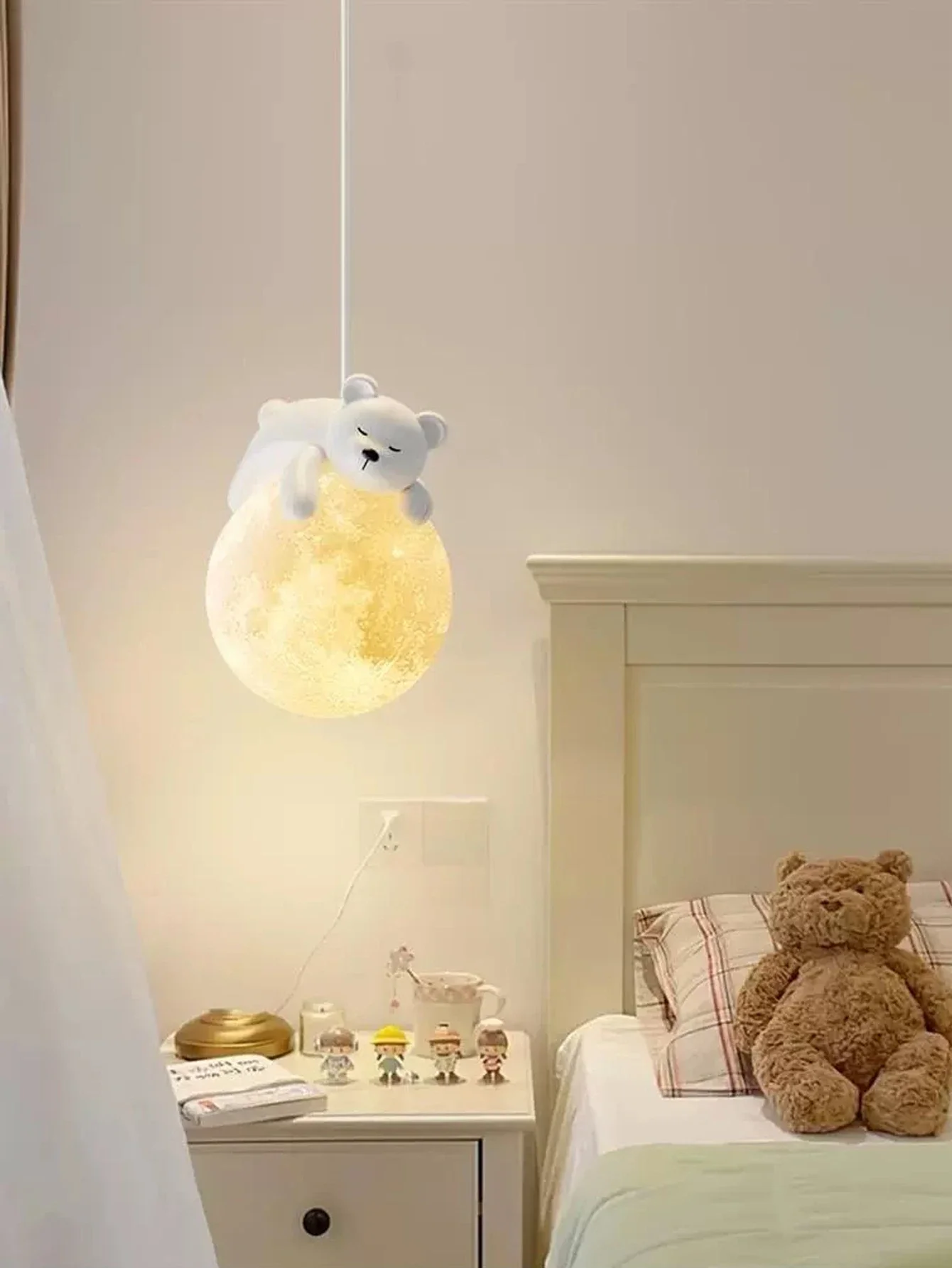Modern White Rabbit Bear Moon Animals LED Chandelier Bedroom Bedside Small Pendant Lights Dining Room Children's Home Decor