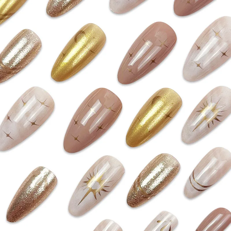 24pcs Baroque Style Press on Nails Gold Moon Star Print False Nails Wearable Ins Shiny Powder Fashion Almond Fake Nail Tips