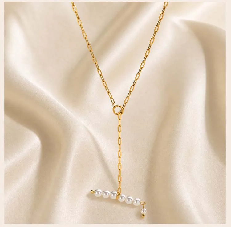 Perlen-Balken-Y-Halskette, 18K vergoldeter Edelstahl, hypoallergener Lariat-Ketten-Schmuck – Detail 4