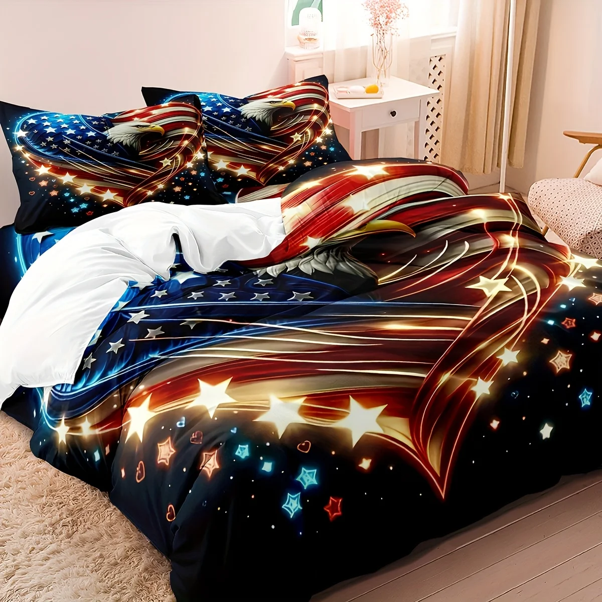 

3pcs Patriotic Eagle Duvet Cover Set - Soft, Breathable American Flag Design, Includes 1 Duvet Cover and 2 Pillowcases