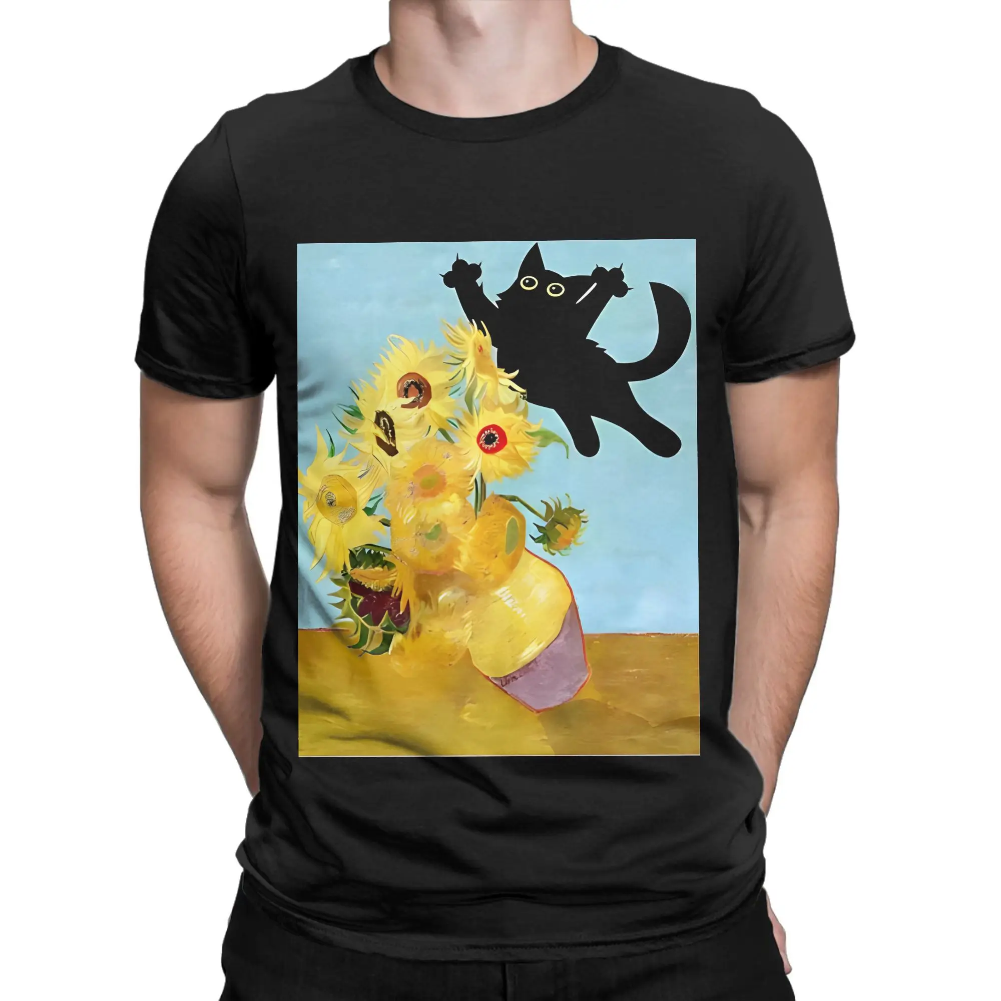 Vincent Van Gogh   T-Shirts Men Cute Cat bayingimg Awesome Cotton Tee Shirt Crewneck Short Sleeve T Shirt Plus Size Clothing