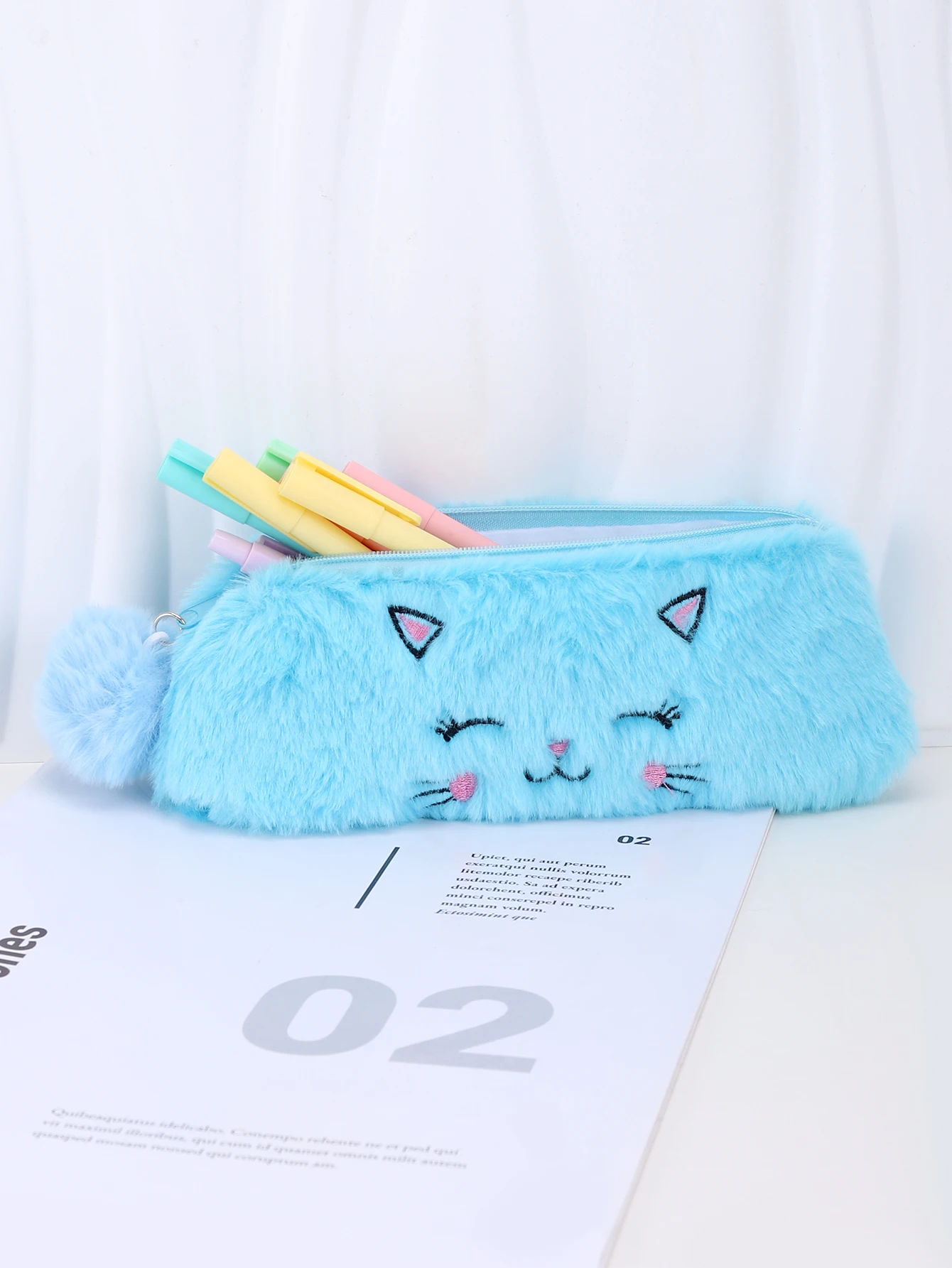 Plush Cat Pencil Case Furry Zipper Pen Bag Capacity Cute Stationery Organizer Soft Animal Pencil Pouch Back to School Supplies