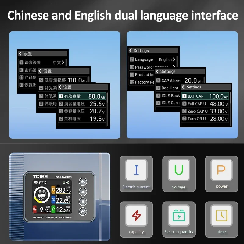 TC169 Hoge Precisie Coulombmeter DC6-60V Lithiumbatterij Capaciteit Tester Indicator Kleurenscherm Power Meter Ampèremeter Voltmeter