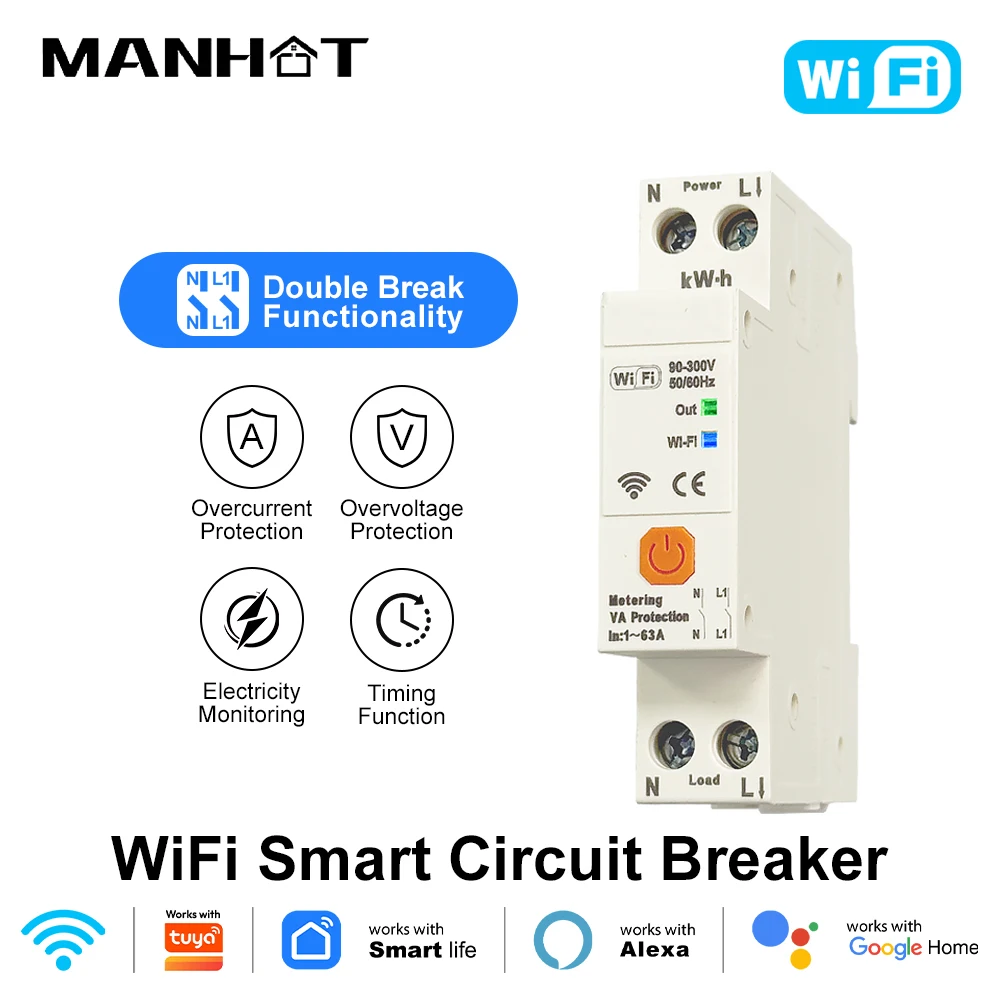 WLAN Smart Life Leistungsschalter 1P+N 63A mit Doppelunterbrechungsfunktion, Timer, Energie-, kWh-, Spannungs- und Strommessgerät, Schutzschalter MCB