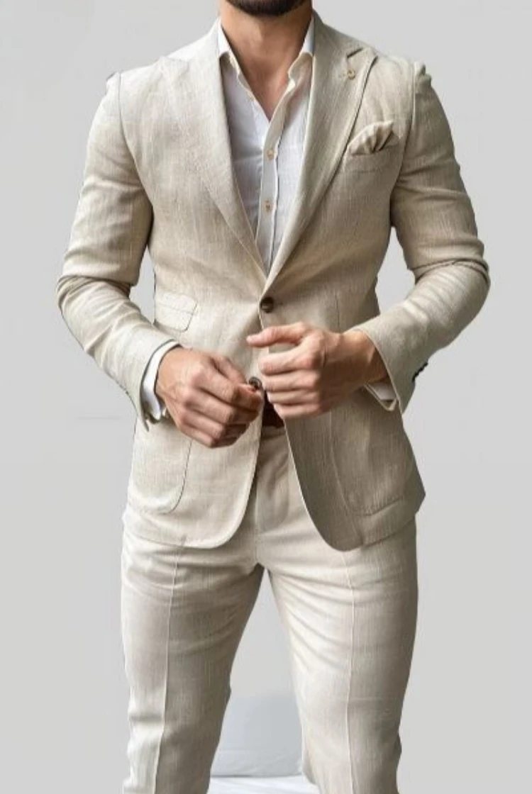 

2025 Men Custom Suit Classy Two Piece Beige Men Linen Suit