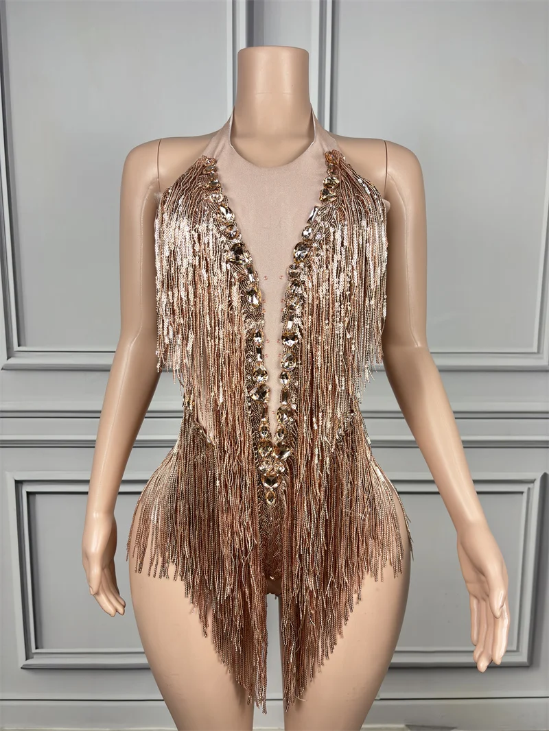 Strass-Pailletten-Quasten-Leotard Damen Nachtclub-Outfit Sängerin Tänzerin Kostüm Bühnenkleidung Sexy Geburtstags-Fotoshooting Bodysuit – Detail 2