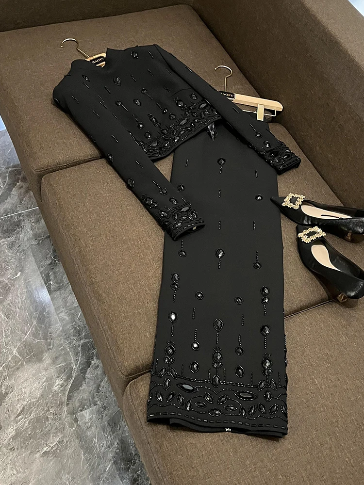 

Fashionable Heavy Embellished Short Top Long Skirt Set Two Piece Set Celebrity Inspired Elegant Spring Collection for Women