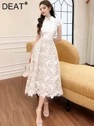 DEAT Elegant Dress 3D Flower Lace Embroidery High Waist Pleated Women's Evening Party Dresses 2024 Summer New Fashion 35Z866