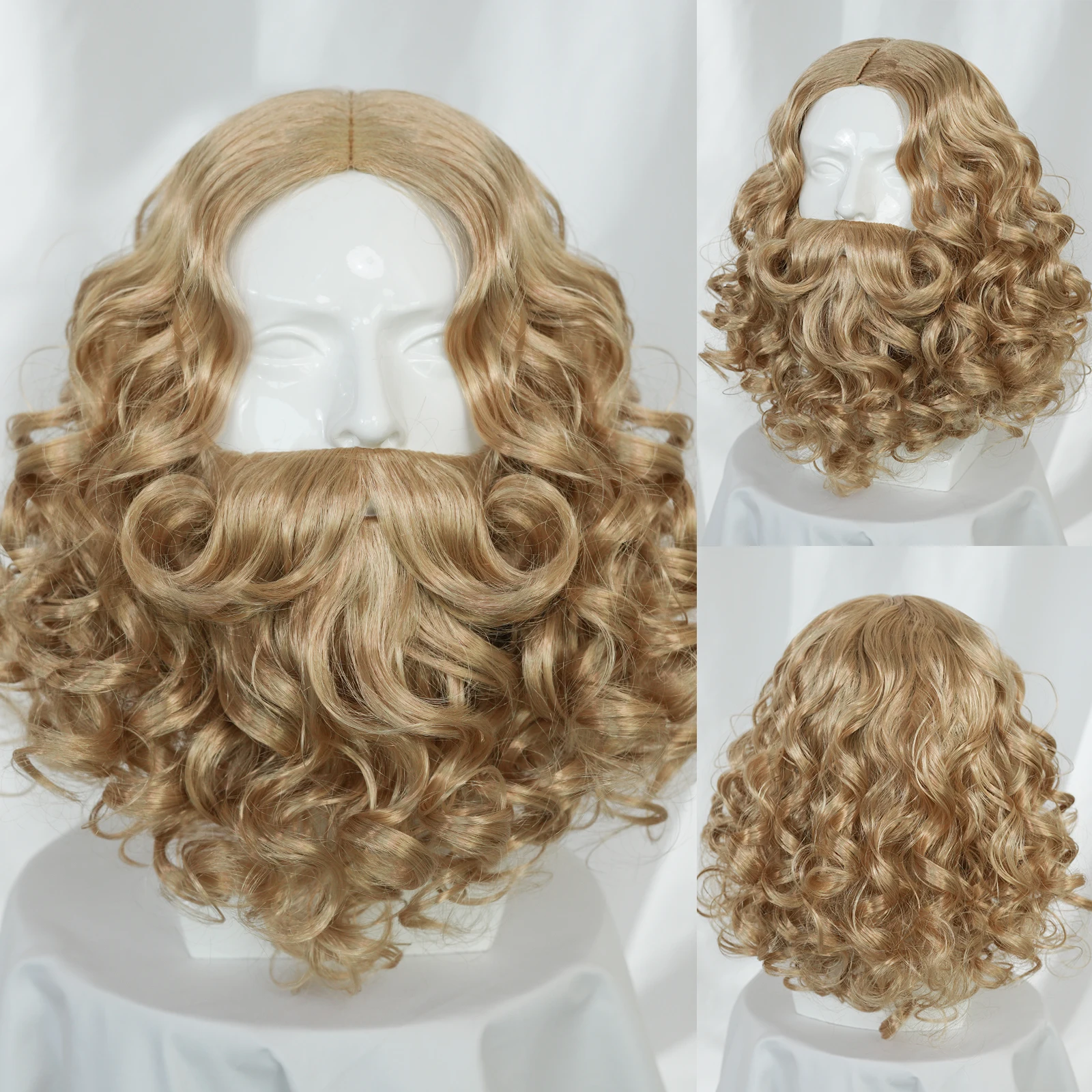 Syntetyczna peruka blond brązowa kręcona z brodą, idealna do cosplayu, peruka na Halloween dla mężczyzn, idealna dla Świętego Mikołaja, czarodzieja.