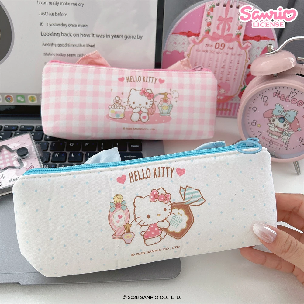 Hello Kitty Bow Pencil Bags Storage Bag Genuine Sanrio Kawaii KT Cat Large Capacity Zipper Pen Pouch School Office Stationery