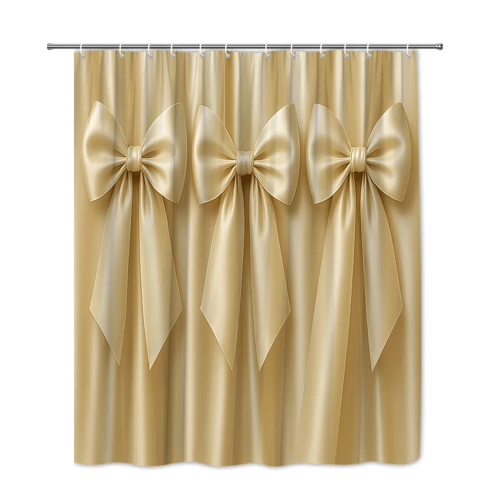Golden Bow Shower Curtain Elegant Satin Ribbon Design Luxury Bathroom Decor Waterproof Easy to Install Elevate Your Space