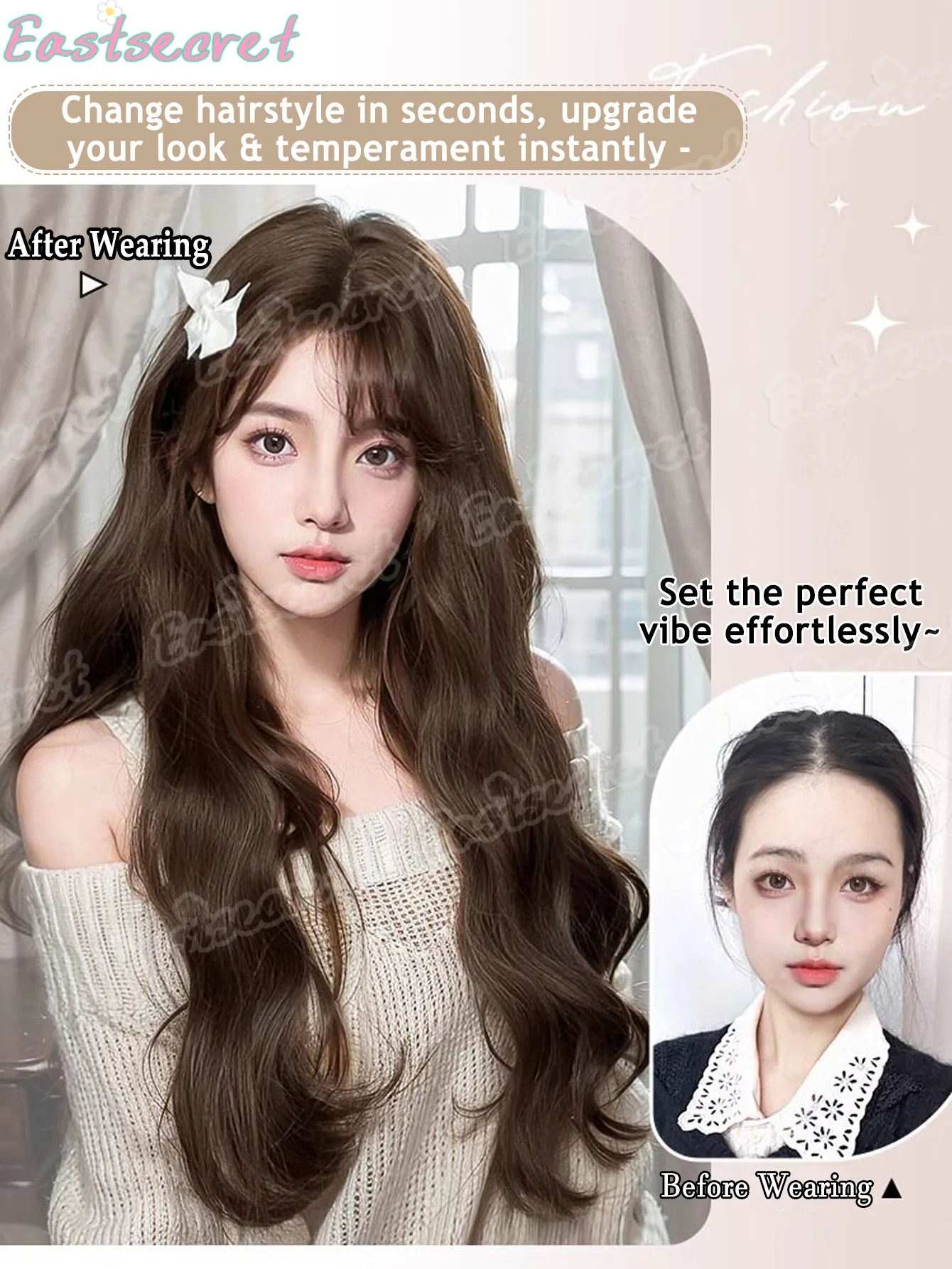 EAST Lolita Black Wig for Women Long Wavy Hair 75cm Curly Wig with Bangs Cosplay Headband Wigs