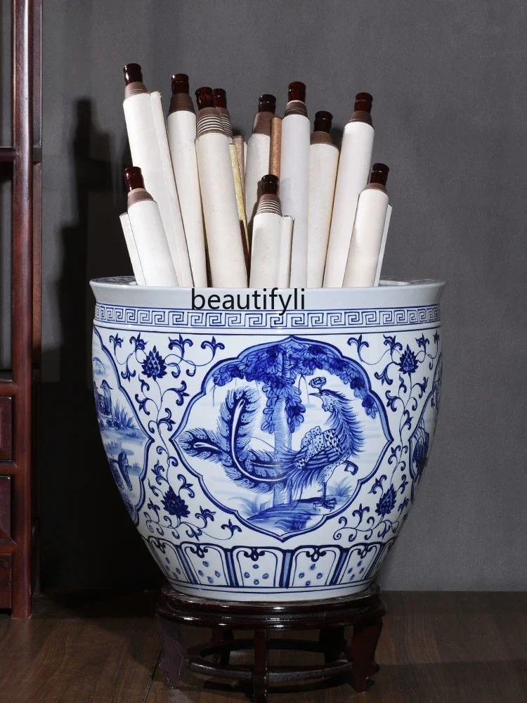 

V Jingdezhen Ceramic Chinese Floor Painting Scroll Cylinder Living Room Antique Vase Study Decoration
