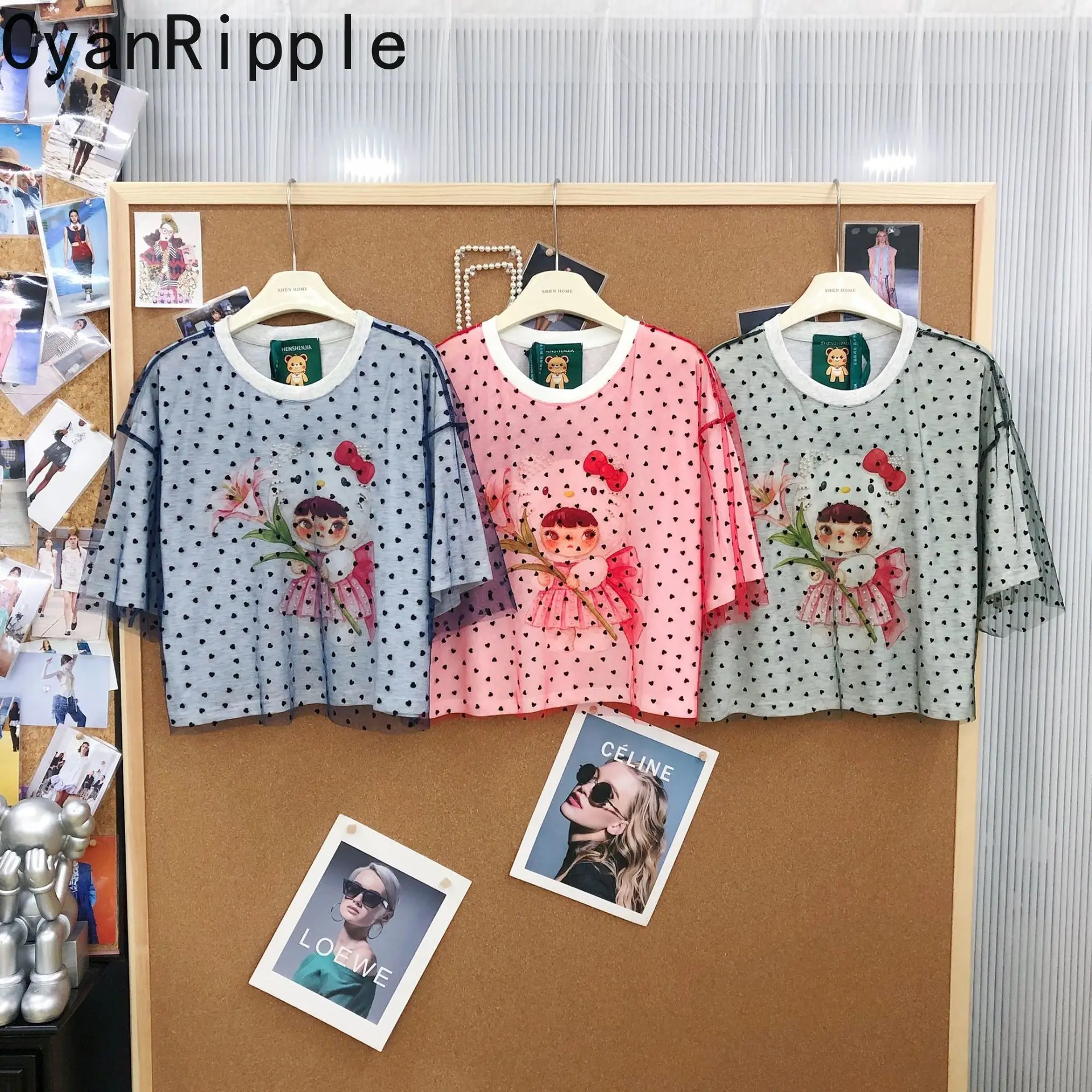 

Age Reduction Vintage Mesh Lace Splicing Loose Short Sleeve T-shirt All-match Beads Cartoon Print Round Neck Casual Pullover Top