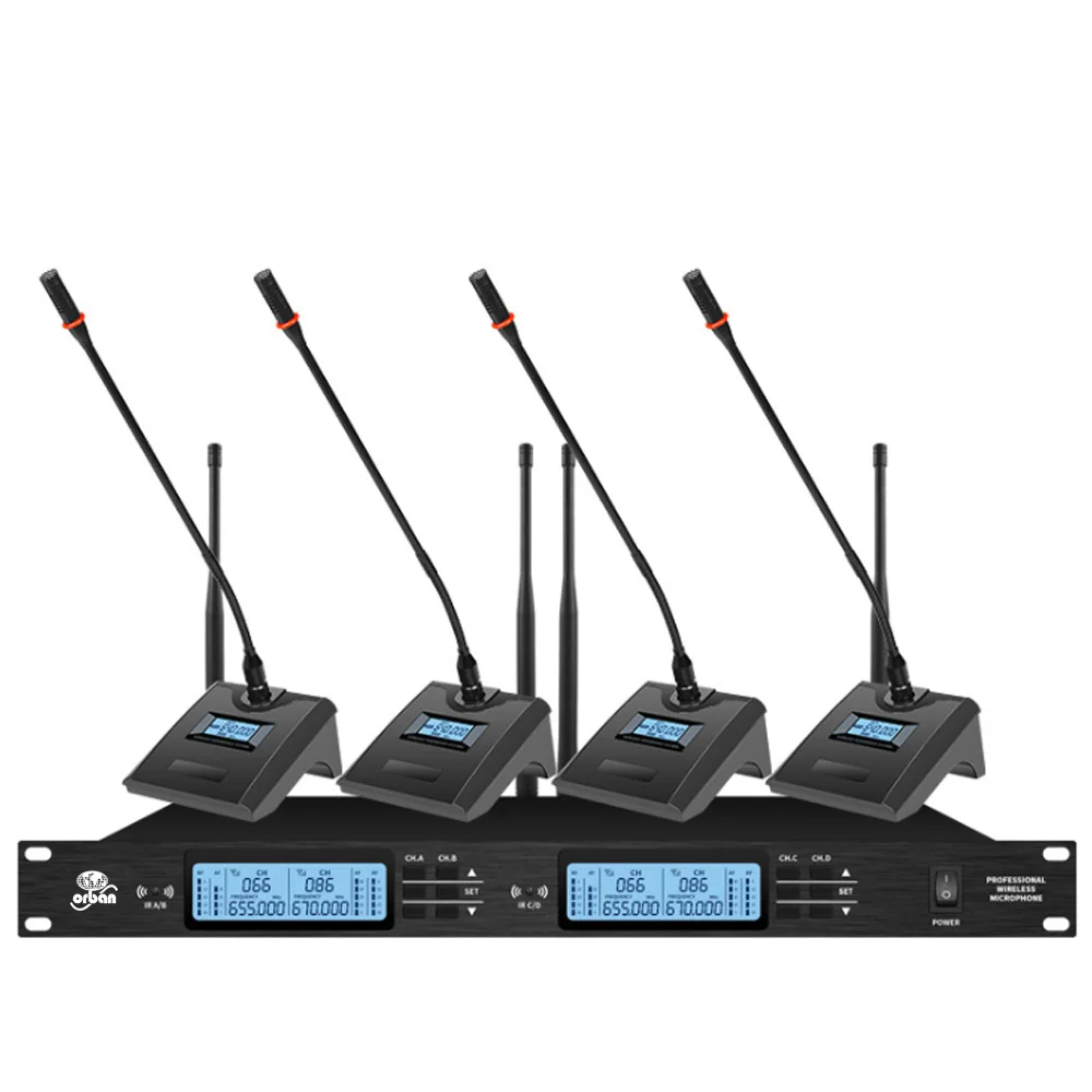 Professional UHF wireless microphone system 4 channel meeting microphone applicable large and small conference room microphone