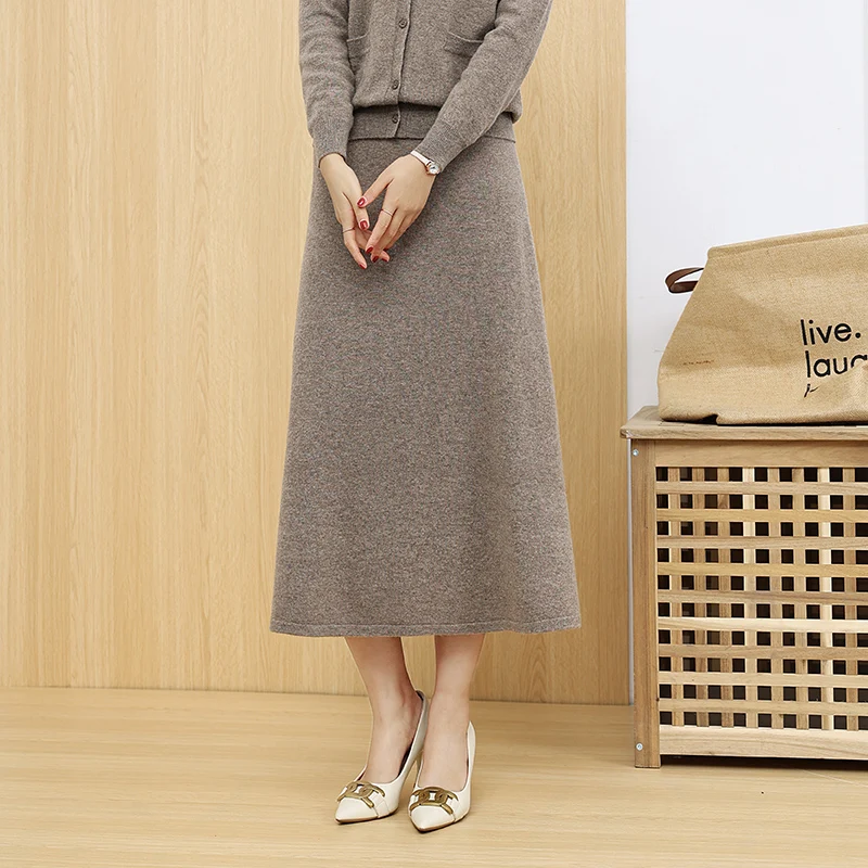 Elegant Women 100% Wool Knitted Skirt Korean Fashion Solid Color Casual A Line Ladies Plane Skirt Autumn Chic High Waist Skirt