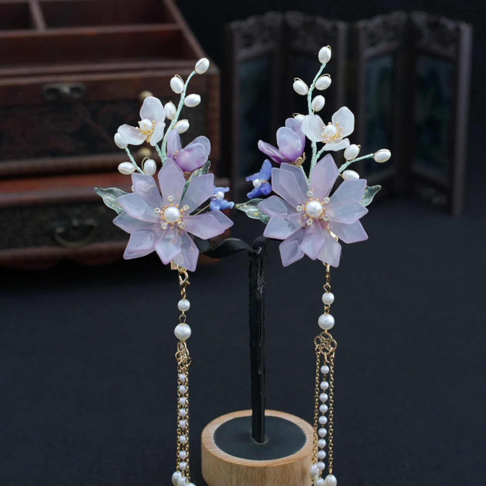 

2PCS Elegant Purple Floral Tassel Hair Clip For Women Handmade Vintage Chinese Style Hair Clips Hanfu Hair Accessories Hairpin