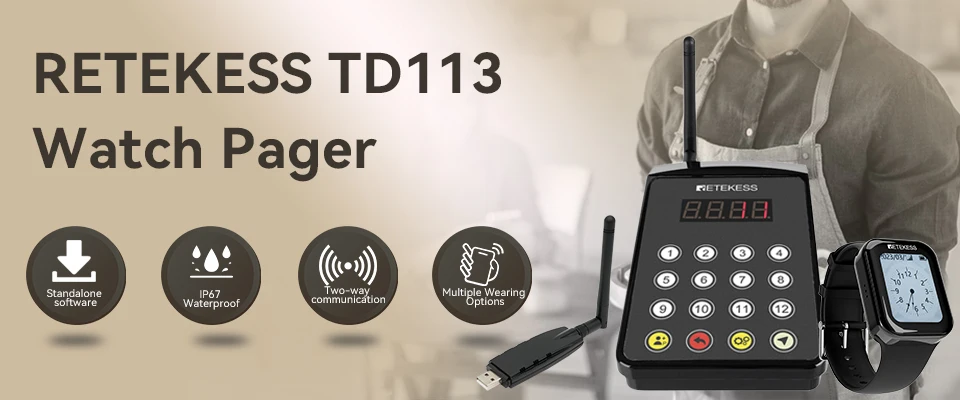 RETEKESS TD154 Küche Kellner Rufsystem Restaurant Pager Für Server TD113 Wasserdichte Uhr Empfänger Für Kaffee Bar Hotel – Detail 2
