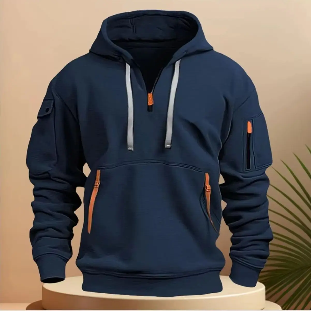 

Men's casual sports hoodie, spring and autumn fashion arm pocket pull rope hooded solid color loose long-sleeved blouse pullover