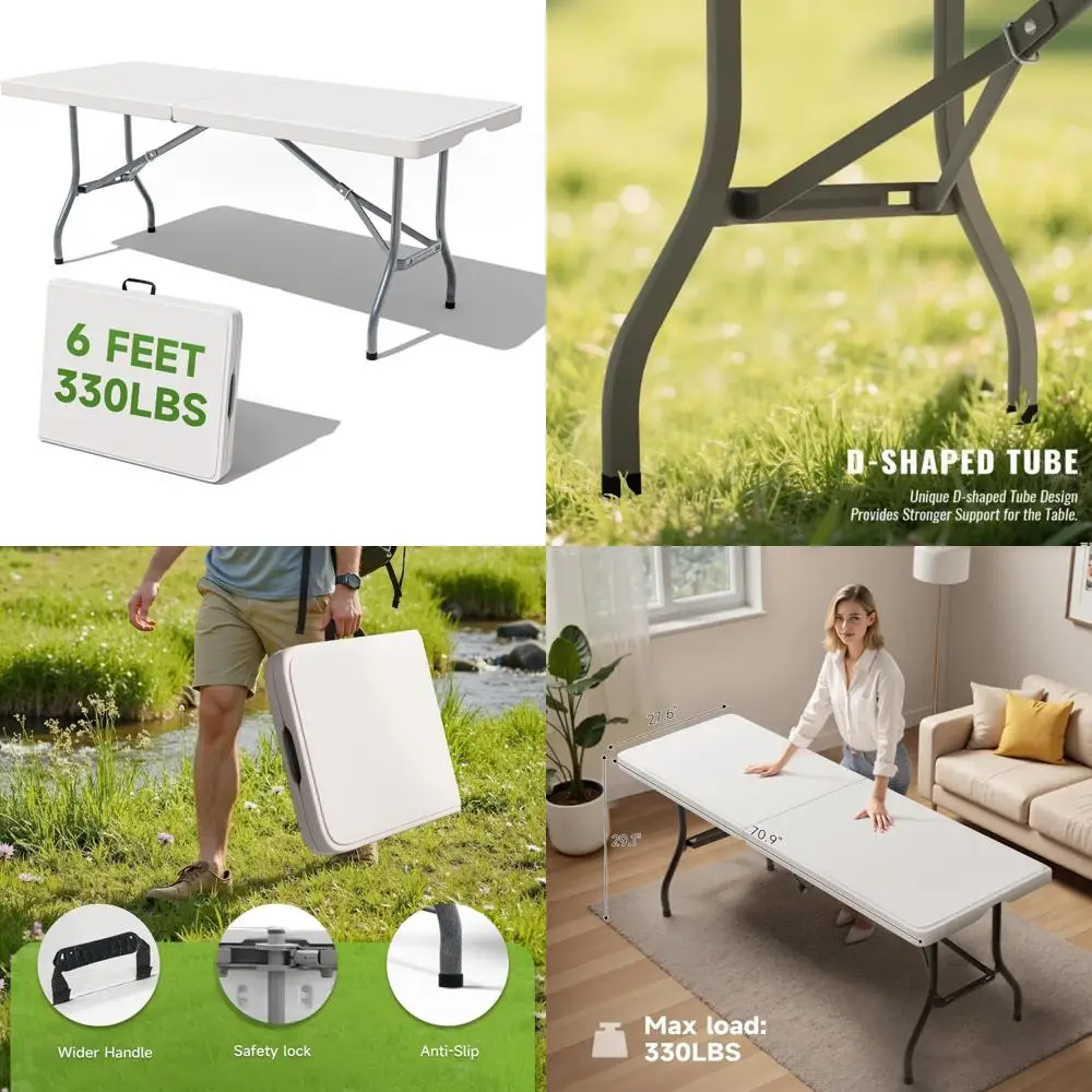 طاولة قابلة للطي شديدة التحمل بطول 6 أقدام بسعة 330 رطل، قوية ومحمولة للتخييم والمناسبات الخارجية