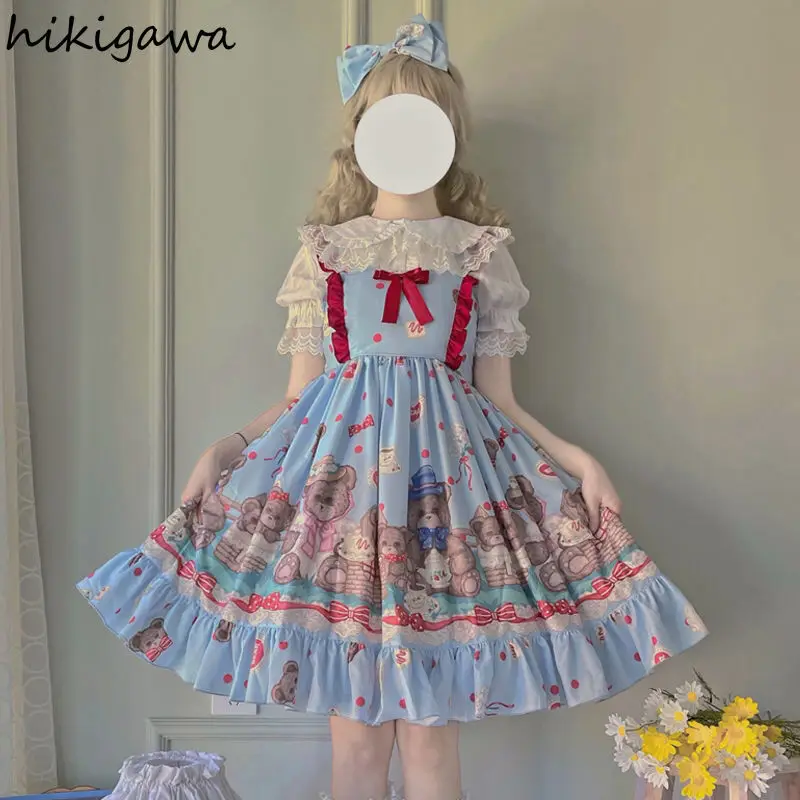 Sukienki w stylu Lolita dla kobiet Śliczny nadruk anime Robe Femme Big Swing Ruffles Słodka japońska letnia sukienka 2024 Vestidos De Mujer